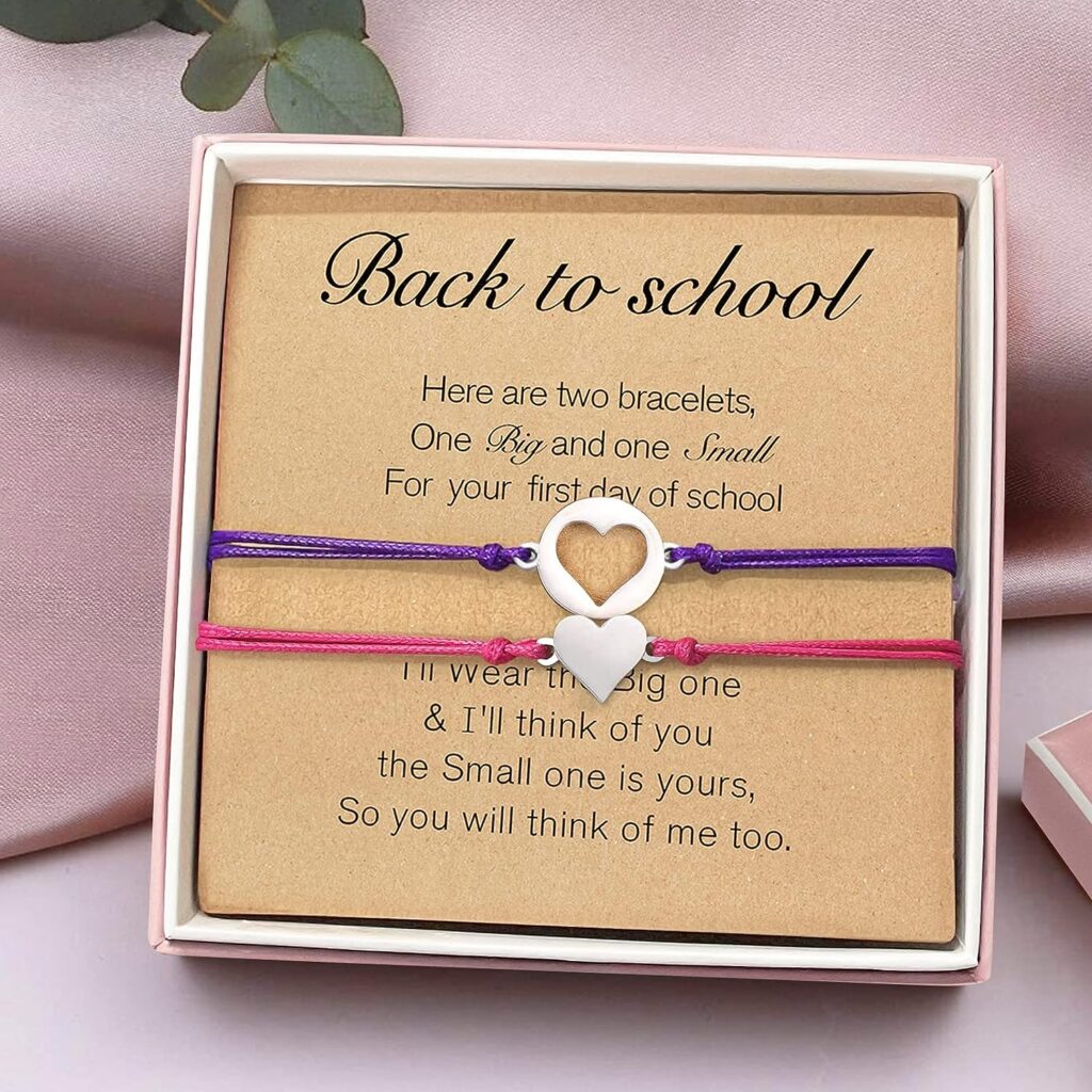 Back to School Gifts - First Day of School Mother Daughter Bracelets Set for 2 - Mommy and Me Heart Charm Matching Wish Bracelets with Poem Cards - Gifts for Mom Birthday, Thanksgiving Day, Christmas