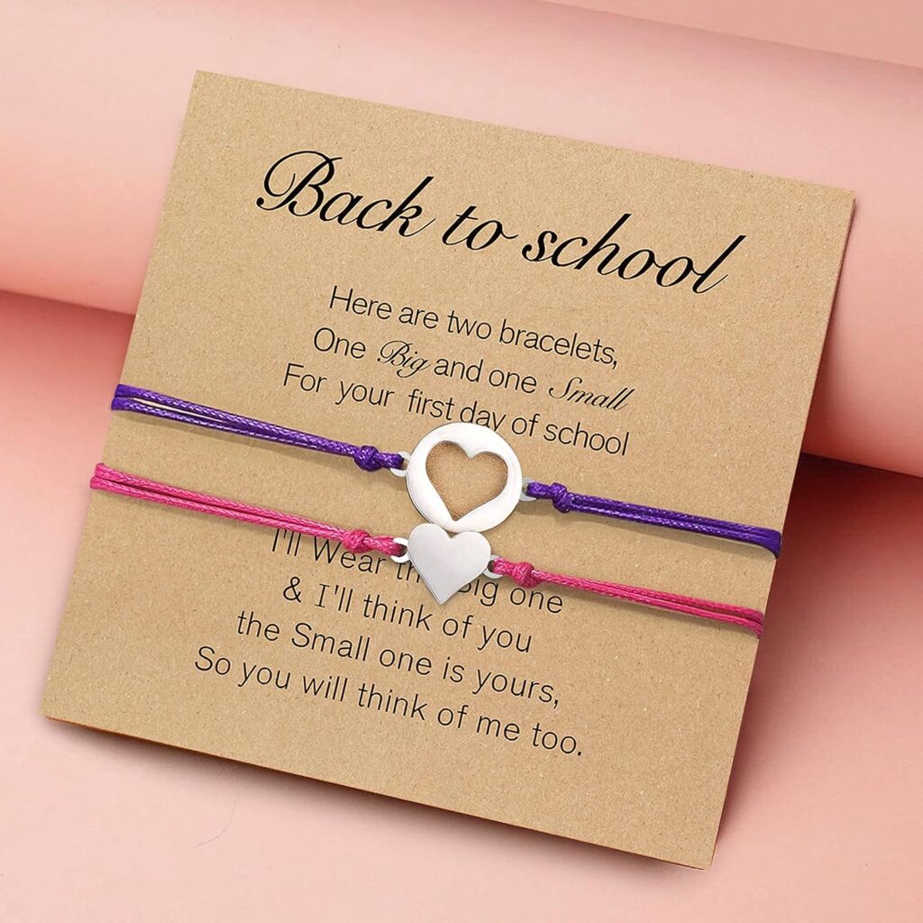 Back to School Gifts - First Day of School Mother Daughter Bracelets Set for 2 - Mommy and Me Heart Charm Matching Wish Bracelets with Poem Cards - Gifts for Mom Birthday, Thanksgiving Day, Christmas