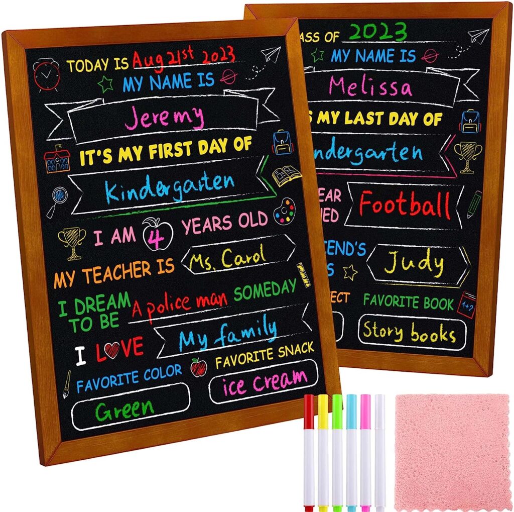 First  Last Day of School Board, 12.6 x 11 Inch Double Sided Back to School Sign 1st Day of School Chalkboard with Chalk Markers Wipe, Reusable Wood Board for Preschool Kindergarten Kids Girls Boys