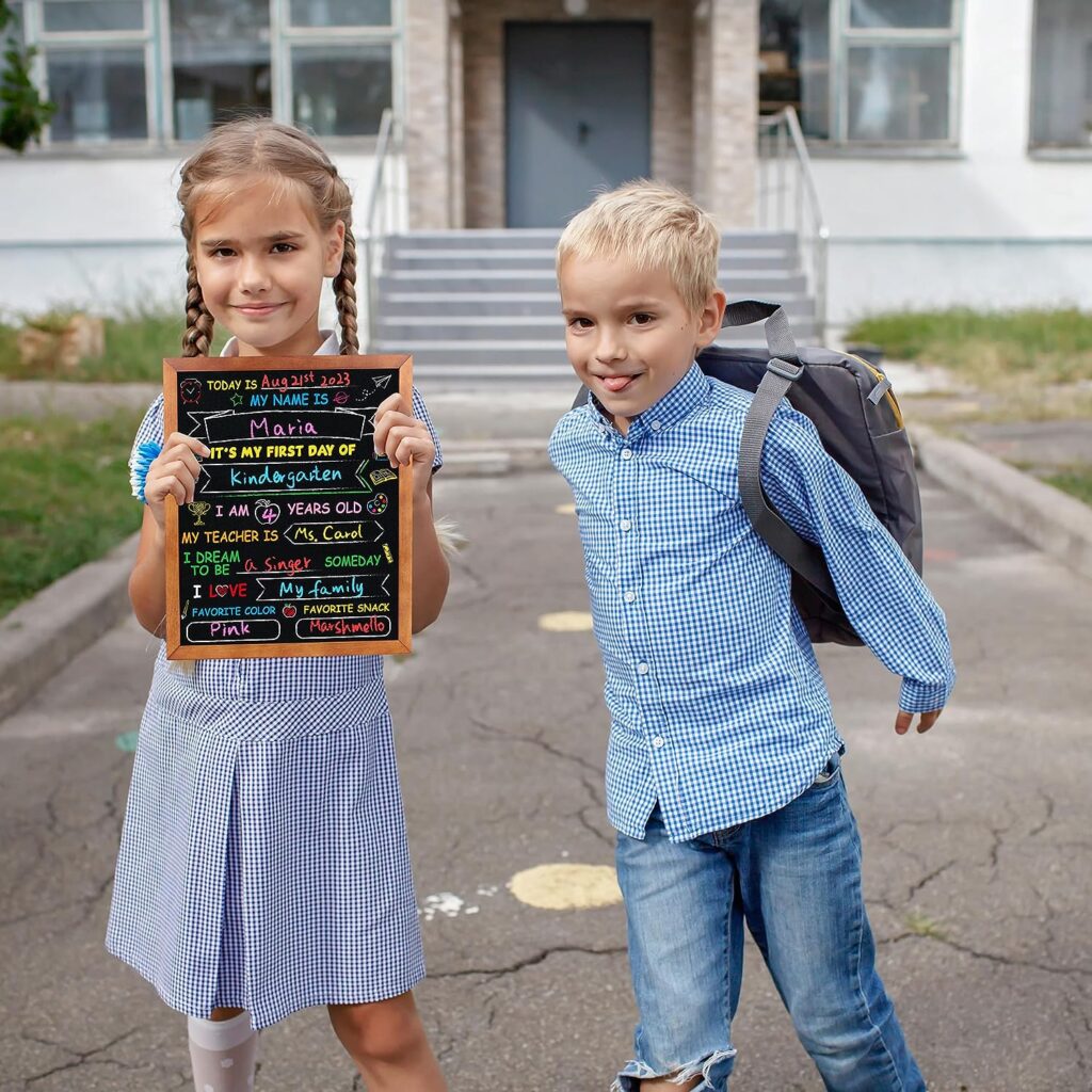 First  Last Day of School Board, 12.6 x 11 Inch Double Sided Back to School Sign 1st Day of School Chalkboard with Chalk Markers Wipe, Reusable Wood Board for Preschool Kindergarten Kids Girls Boys