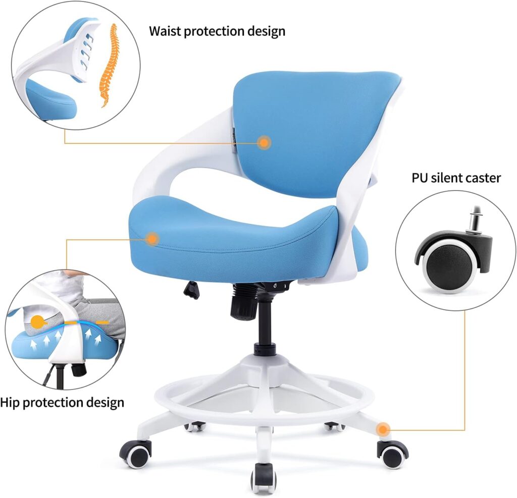 BOJUZIJA Ergonomic Office Computer Desk Chair,Kids Chair, Lumbar Support and Height Adjusable 360° Degree Rotary Pedal Function - Blue