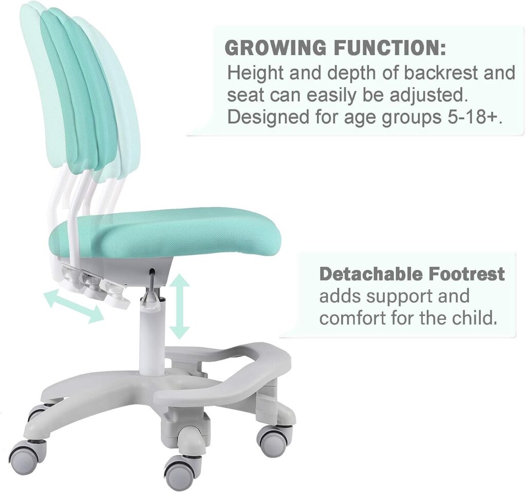 Ergonomic Kids Desk Chair, Childs Children Student Study Office Computer Chair, Adjustable Height and Seat Depth, W/Slipcovers, Detachable Footrest and Lumbar Support (Green, W/Chair Slipcovers)