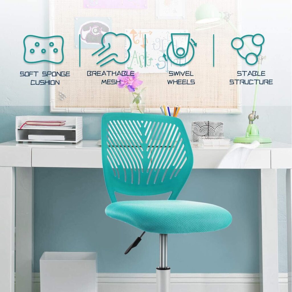 Giantex Kids Desk Chair, Adjustable Children Study Chair, Swivel Chair Armless Mesh Task Student Chair, Child Desk Chair with Adjustable Height  Lumbar Support Computer Chair (Turquoise)