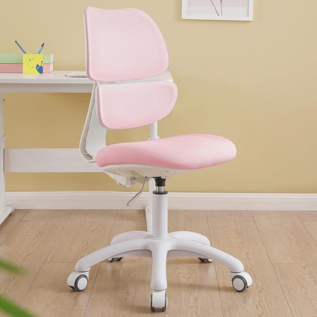 QualiSky Kids Desk Chair, Girls Childs Children Teenager Study Office Computer Chair, Ergonomic Design, Adjustable Height and Seat Depth, Lumbar Support, Swivel Type (Pink)