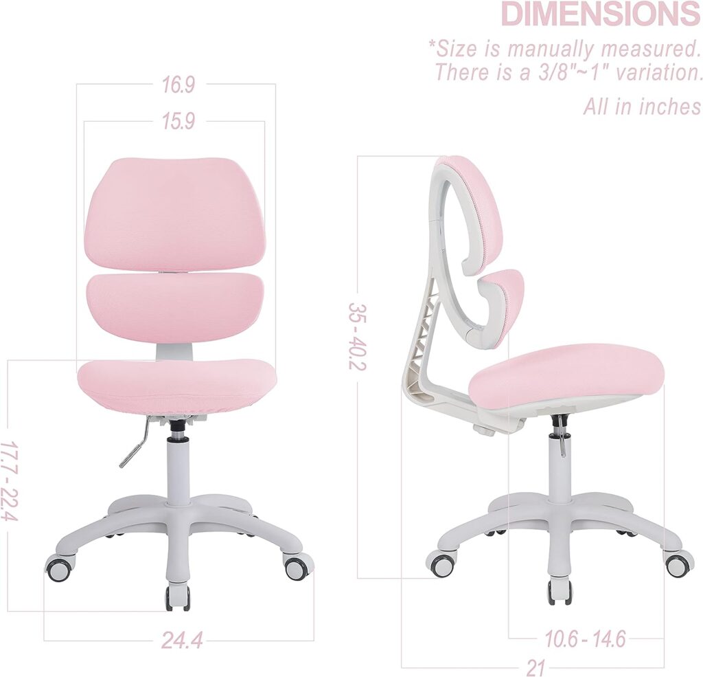 QualiSky Kids Desk Chair, Girls Childs Children Teenager Study Office Computer Chair, Ergonomic Design, Adjustable Height and Seat Depth, Lumbar Support, Swivel Type (Pink)