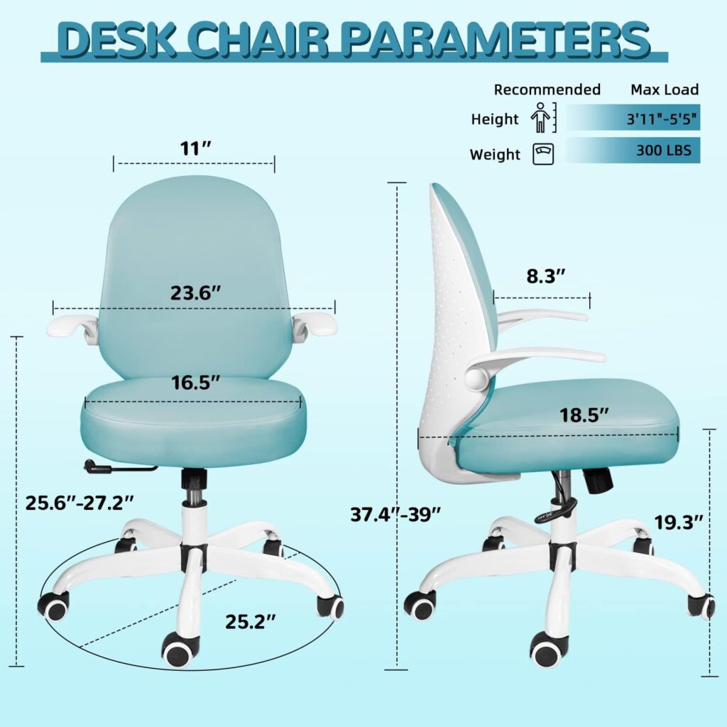 SeekFancy Kids Desk Chair Pego300, Blue Kids Study Chair for Boys Girls with Eggshell Design Backrest, Ergonomic Growing Teen Office Chair with Flip up Arms and Wheels, Pu Leather Office Task Chair…