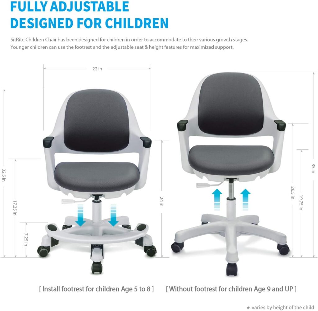 SitRite Ergonomic Kids Desk Chair Children Study Student Computer Home School Office Height Control Easy to Assemble (Cyber Grey, Swivel)