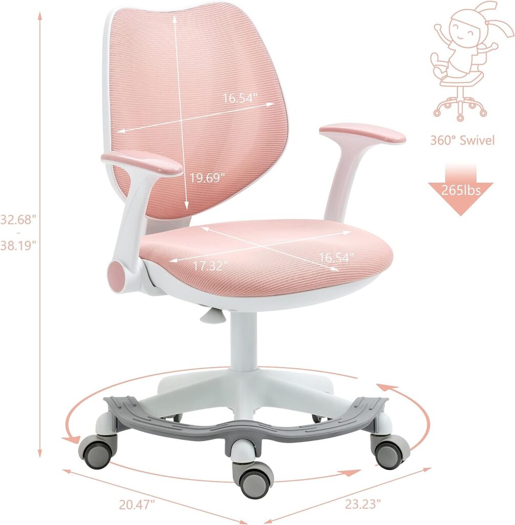 Villeston Cute Kids Desk Chair - Computer Study Reading Office Swivel Chairs for Boys Girls Teens with Adjustable Armrests and Footrest Pink