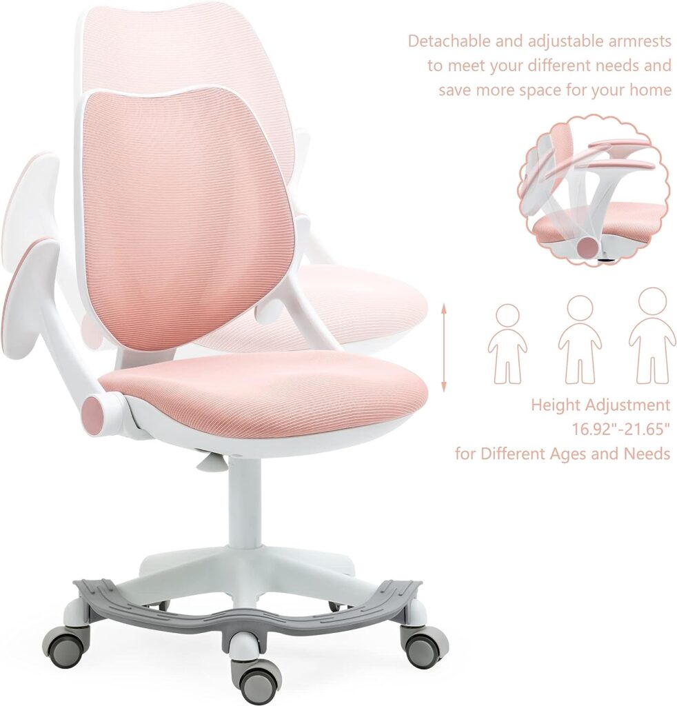 Villeston Cute Kids Desk Chair - Computer Study Reading Office Swivel Chairs for Boys Girls Teens with Adjustable Armrests and Footrest Pink