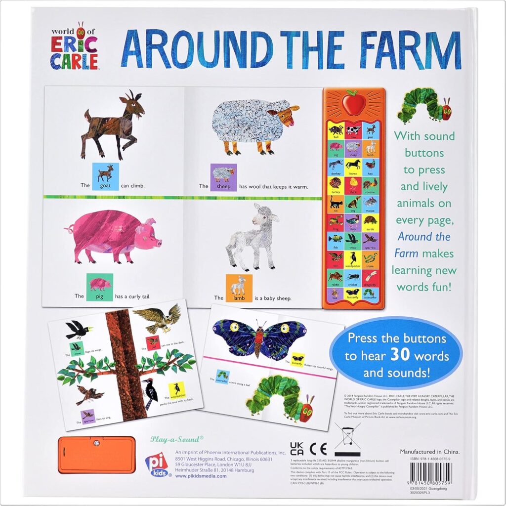 World of Eric Carle, Around the Farm 30-Button Animal Sound Book - Great for First Words - PI Kids