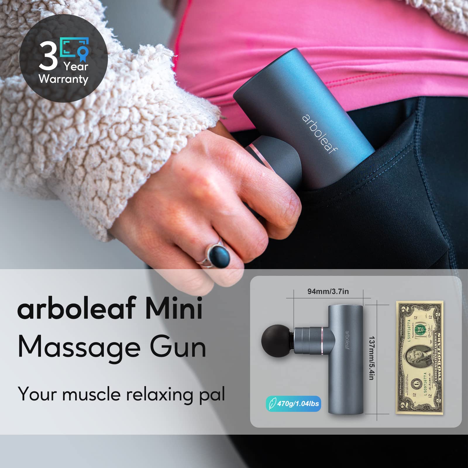 arboleaf Mini Muscle Massager, Deep Tissues Massage Gun with Case, Portable Handheld Massager Suitable, Super Quiet Mini Massage Gun, Athletes, Sports for Travel, Home, Office Gifts, Lightweight