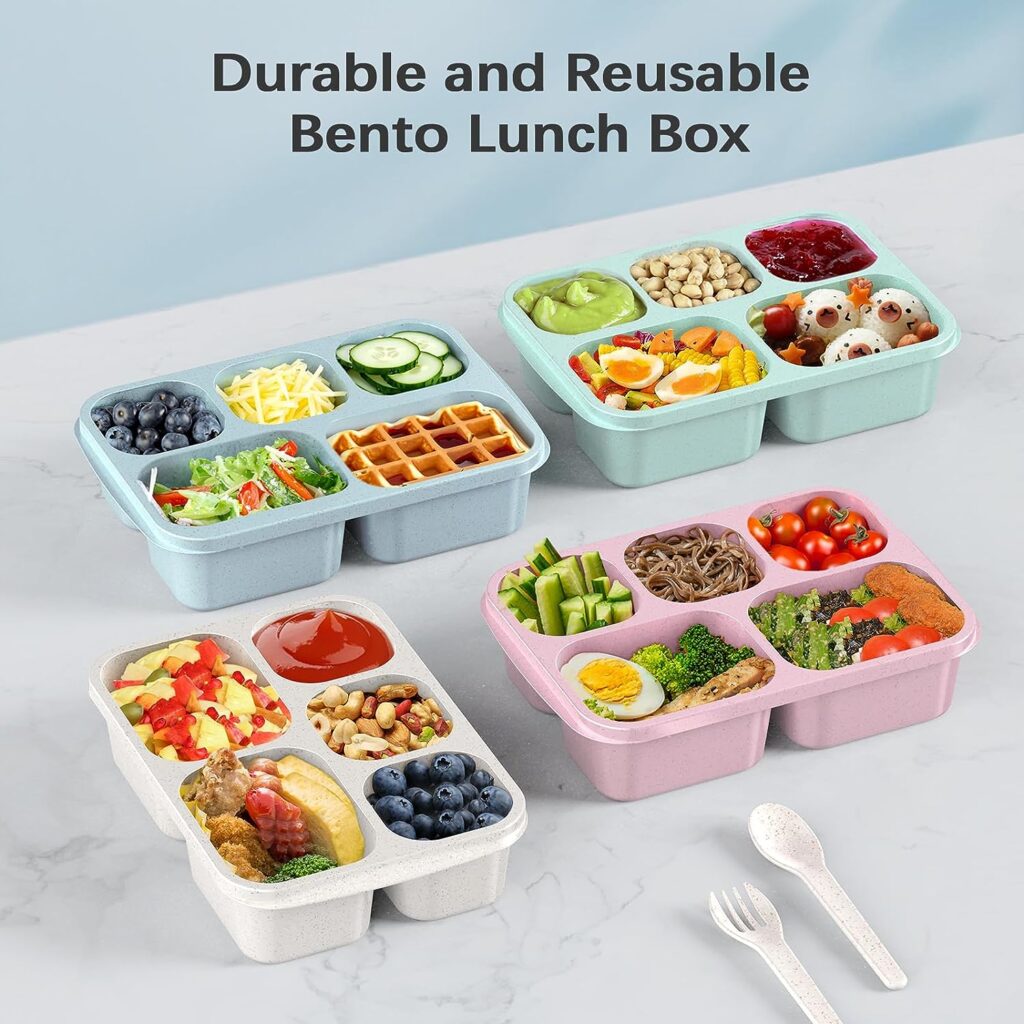 Bento Lunch Box, Bento Box, Reusable Lunch Box Kids with 5 Compartments Meal Prep Containers for Kids and Adults, Lunch Snack Containers with Utensils  Transparent Lids for School, 4 Pack (Wheat)