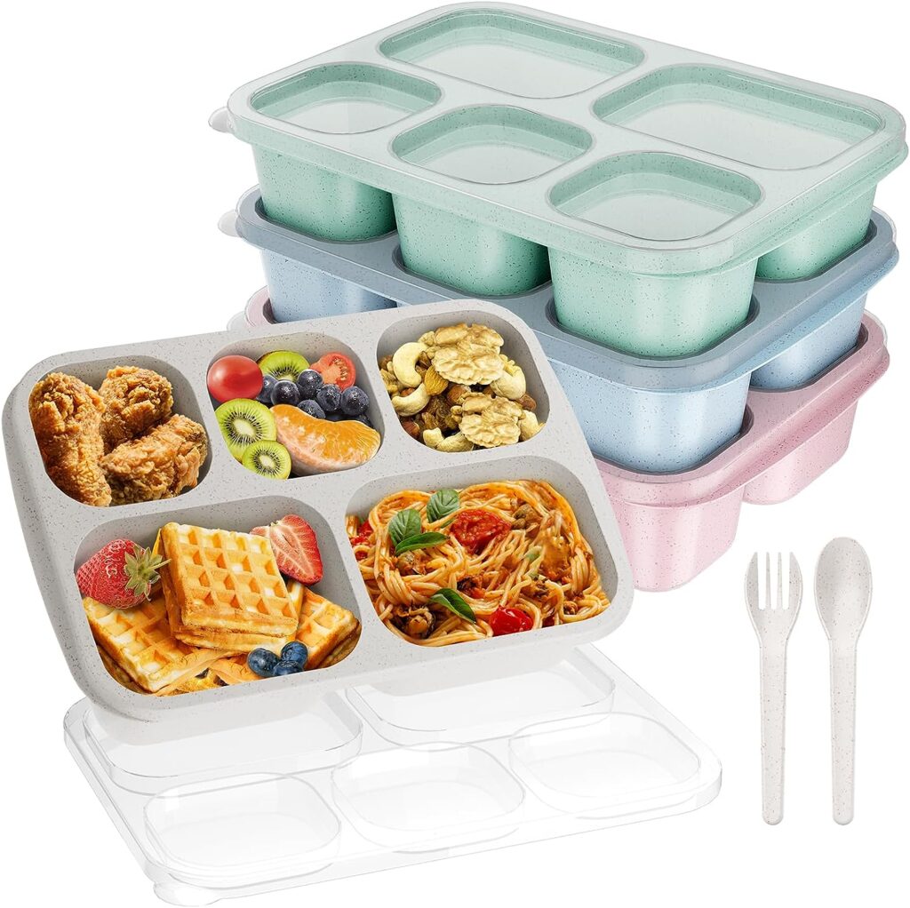 Bento Lunch Box, Bento Box, Reusable Lunch Box Kids with 5 Compartments Meal Prep Containers for Kids and Adults, Lunch Snack Containers with Utensils  Transparent Lids for School, 4 Pack (Wheat)