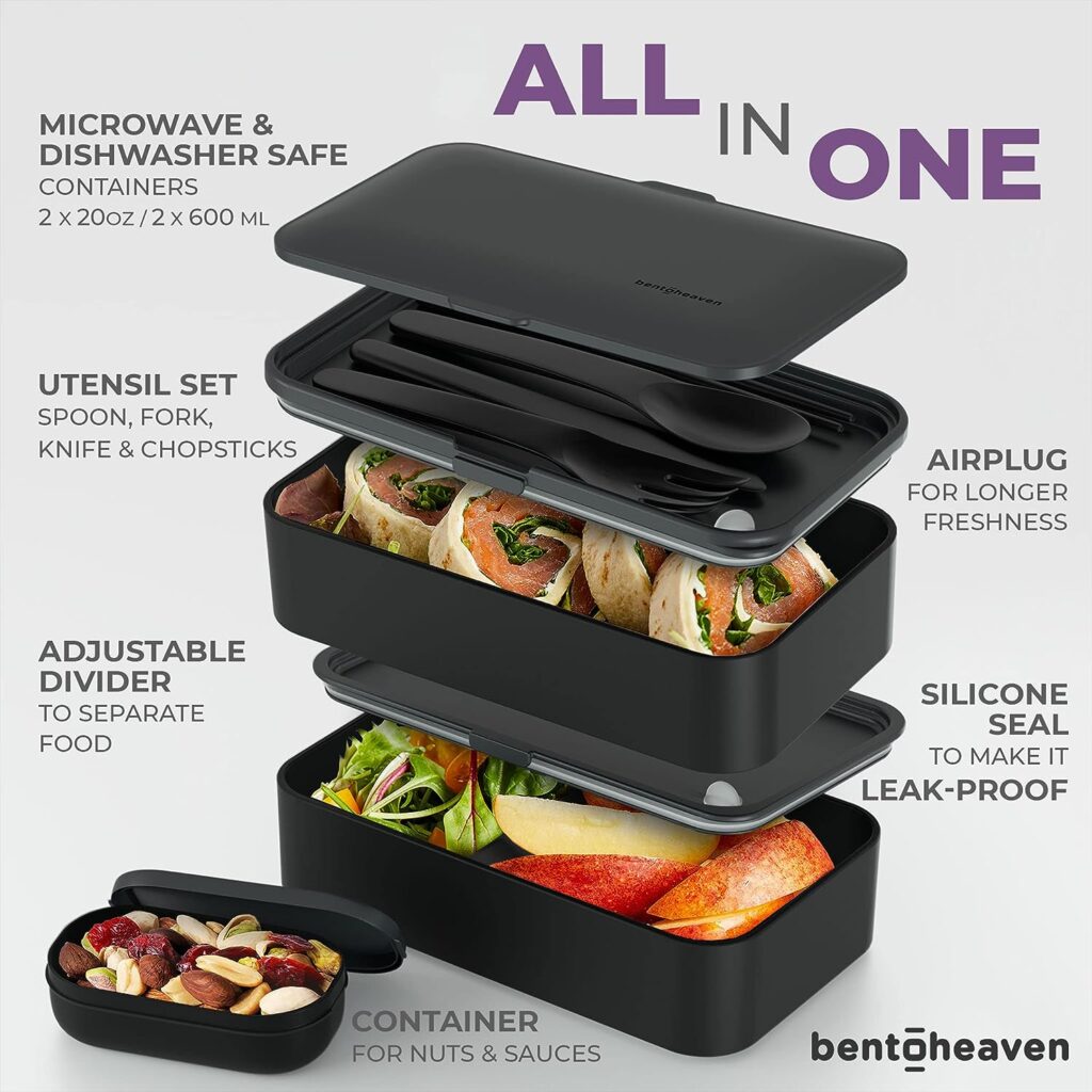 Bentoheaven Premium Bento Box Adult Lunch Box with 2 Compartments (40oz), Cutlery  Set of Chopsticks, Large Dip Container, Cute Black Japanese Bento Box, Rectangle, Microwavable (Outer Space)