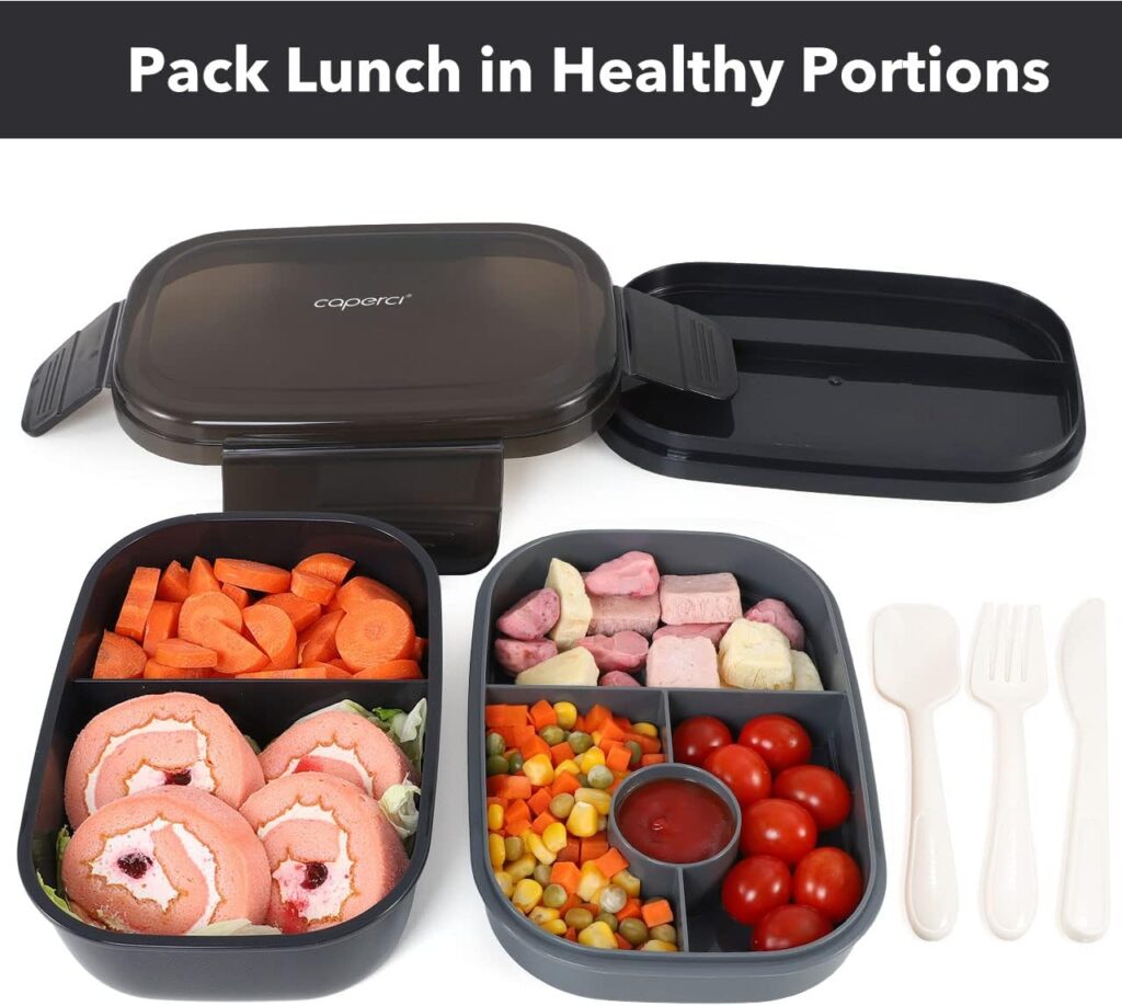 Caperci Stackable Bento Box Adult Lunch Box - 3 Layers All-in-One Lunch Containers with Multiple Compartments for Adults  Kids, 55 oz Large Capacity, Built-in Utensil Set  BPA Free (Black)