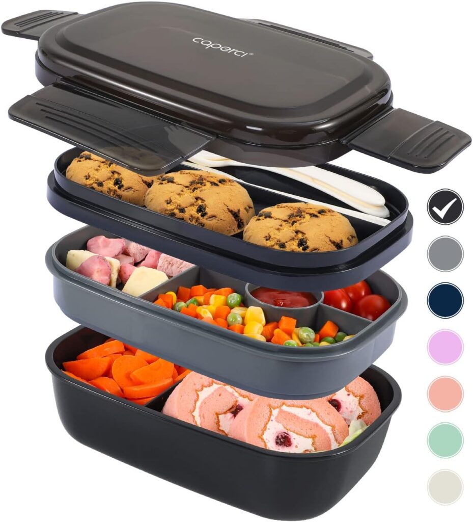 Caperci Stackable Bento Box Adult Lunch Box - 3 Layers All-in-One Lunch Containers with Multiple Compartments for Adults  Kids, 55 oz Large Capacity, Built-in Utensil Set  BPA Free (Black)