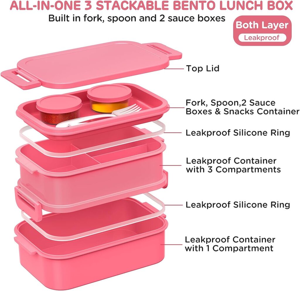 DaCool Adults Bento Box Lunch Box - Stackable All-in-One Leakproof Bento Lunch Box for Adults Women Girls 74 OZ Large Lunch Containers with Fork Spoon Sauce Boxes for Work School Dining Out, Pink