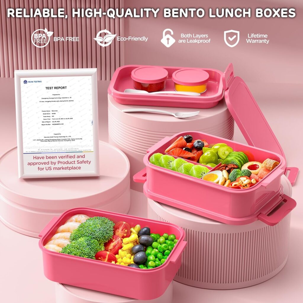 DaCool Adults Bento Box Lunch Box - Stackable All-in-One Leakproof Bento Lunch Box for Adults Women Girls 74 OZ Large Lunch Containers with Fork Spoon Sauce Boxes for Work School Dining Out, Pink