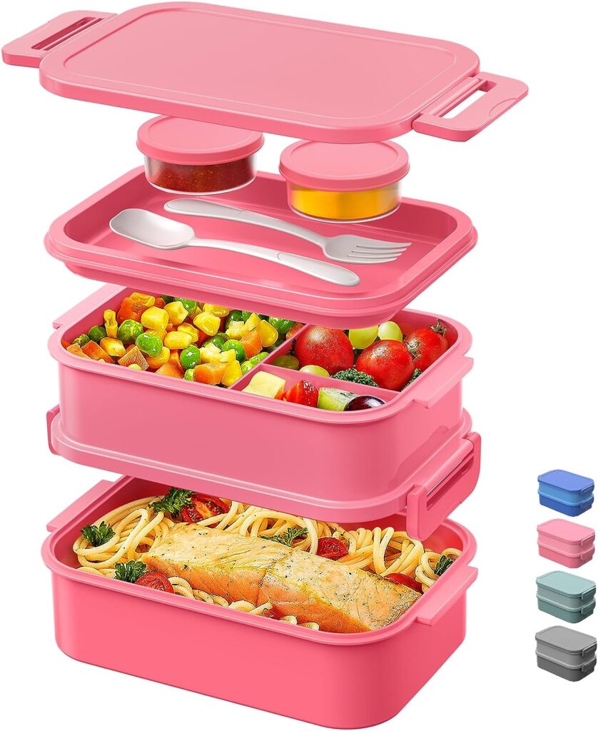 DaCool Adults Bento Box Lunch Box - Stackable All-in-One Leakproof Bento Lunch Box for Adults Women Girls 74 OZ Large Lunch Containers with Fork Spoon Sauce Boxes for Work School Dining Out, Pink