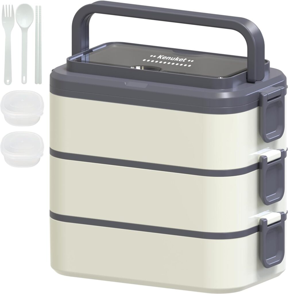 Kenuket Stackable Bento Box Adult Lunch Box, 3000ML Large Capacity On-the-Go 3 Layers, Leakproof Dishwasher Microwave Safe Containers with Utensil Set, Dividers, Sauce Boxes for Kids and Adults