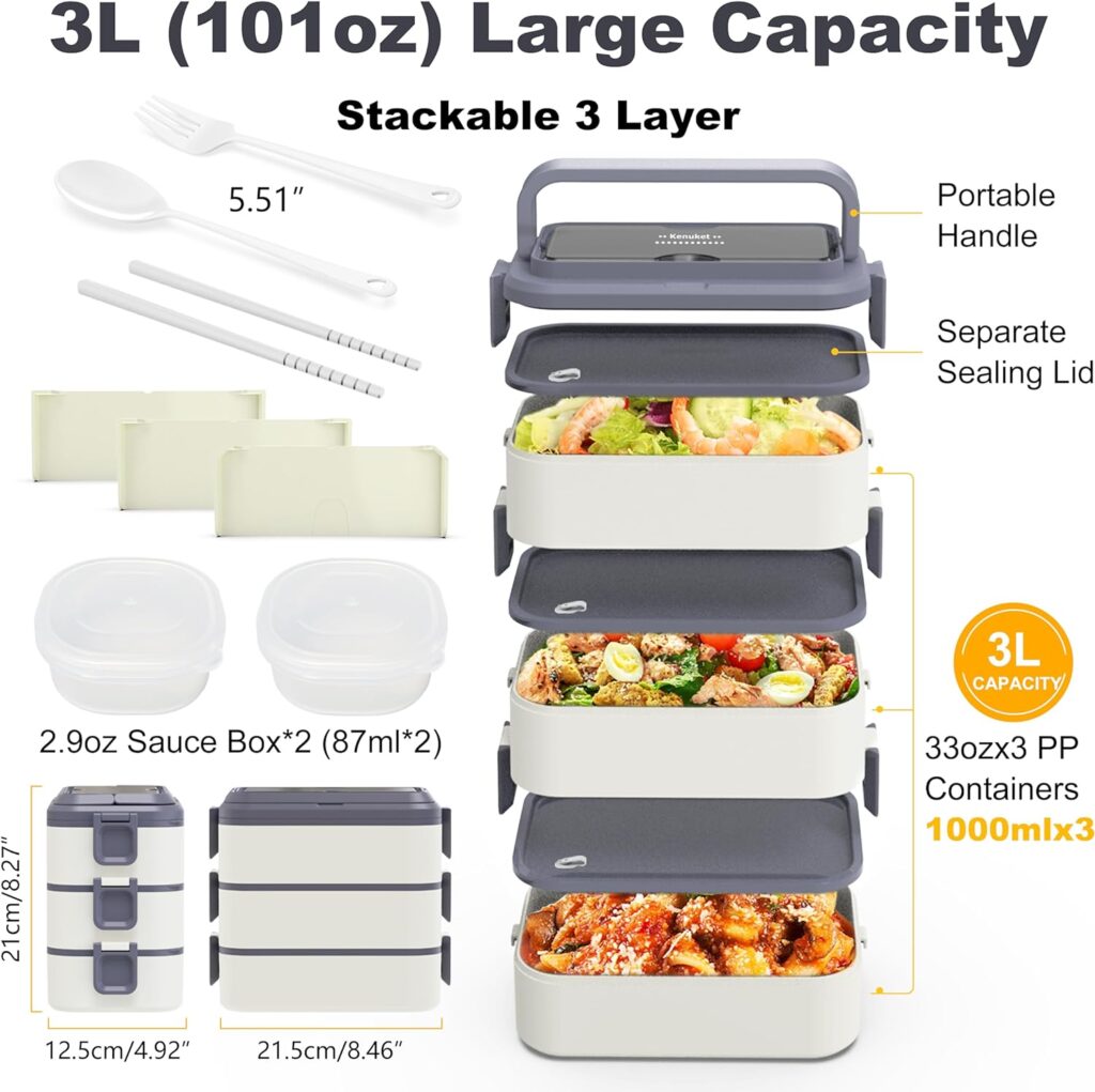 Kenuket Stackable Bento Box Adult Lunch Box, 3000ML Large Capacity On-the-Go 3 Layers, Leakproof Dishwasher Microwave Safe Containers with Utensil Set, Dividers, Sauce Boxes for Kids and Adults