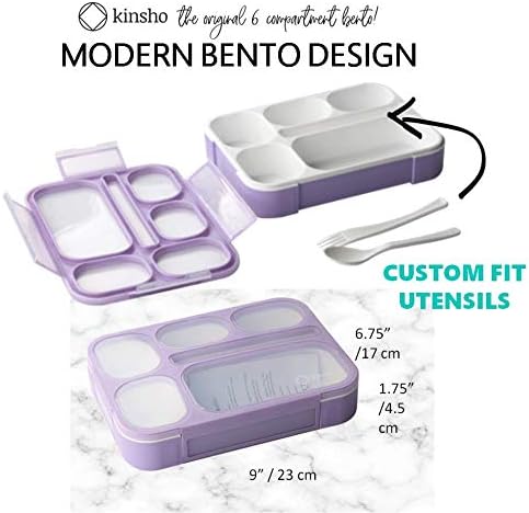 kinsho Bento Lunch-Box for Girls Kids Women in Purple, 6 Compartment Leakproof School Bentobox or Portion Snack Container Boxes. BPA-Free, Lilac