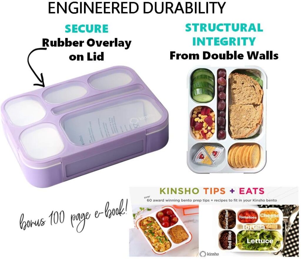 kinsho Bento Lunch-Box for Girls Kids Women in Purple, 6 Compartment Leakproof School Bentobox or Portion Snack Container Boxes. BPA-Free, Lilac