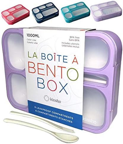 kinsho Bento Lunch-Box for Girls Kids Women in Purple, 6 Compartment Leakproof School Bentobox or Portion Snack Container Boxes. BPA-Free, Lilac