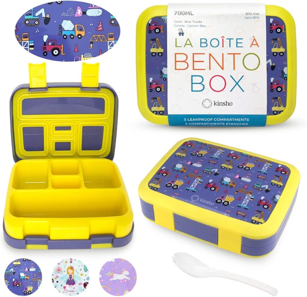 kinsho Bento Lunch Box for Kids Toddlers Boys, 5 Portion Sections Secure Lid, Microwave Safe BPA Free Removable Tray, Pre-School Kid Daycare Lunches Snack Container Ages 3 to 5, Blue Yellow Trucks