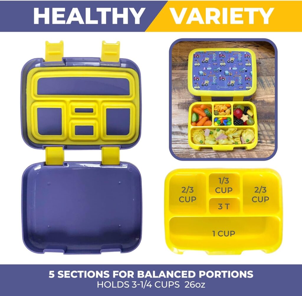 kinsho Bento Lunch Box for Kids Toddlers Boys, 5 Portion Sections Secure Lid, Microwave Safe BPA Free Removable Tray, Pre-School Kid Daycare Lunches Snack Container Ages 3 to 5, Blue Yellow Trucks