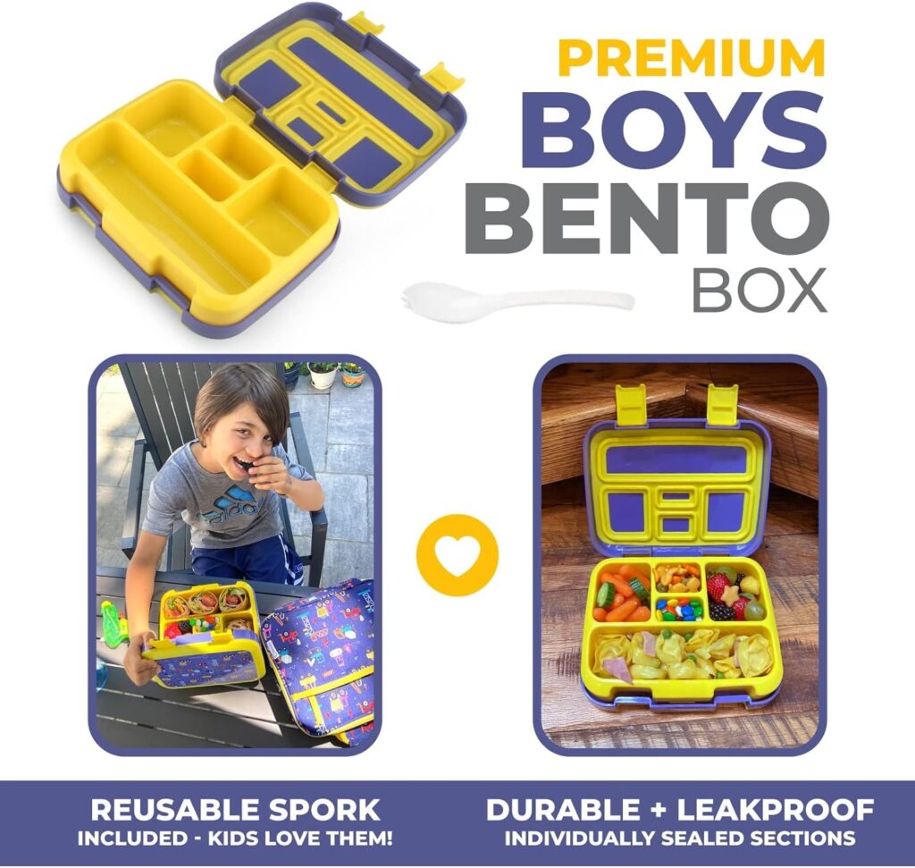 kinsho Bento Lunch Box for Kids Toddlers Boys, 5 Portion Sections Secure Lid, Microwave Safe BPA Free Removable Tray, Pre-School Kid Daycare Lunches Snack Container Ages 3 to 5, Blue Yellow Trucks