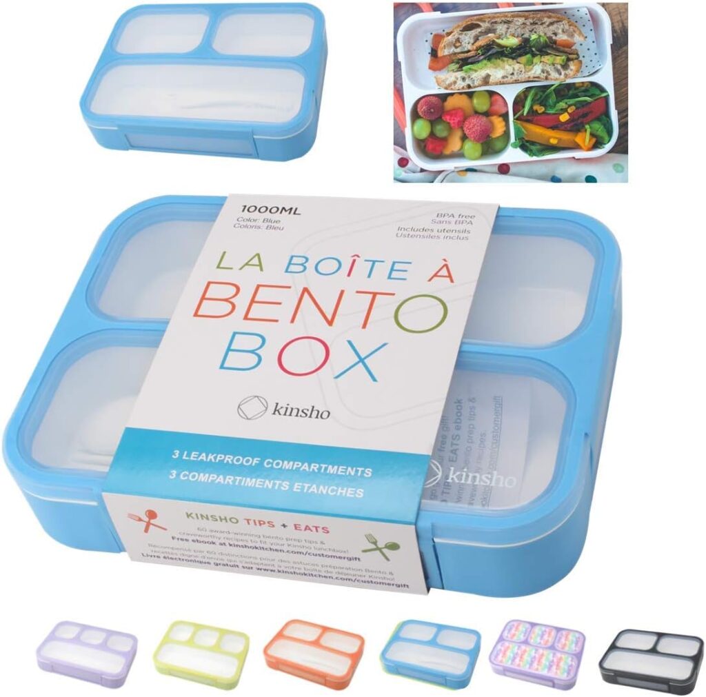 kinsho Bento Lunch Box Kids  Adult: Leakproof Lunch Containers for Boys  Girls with 3 Compartments - School, Daycare, Meal Planning Portion Control Container, BPA-Free Boxes, Utensils, Blue 1 pack