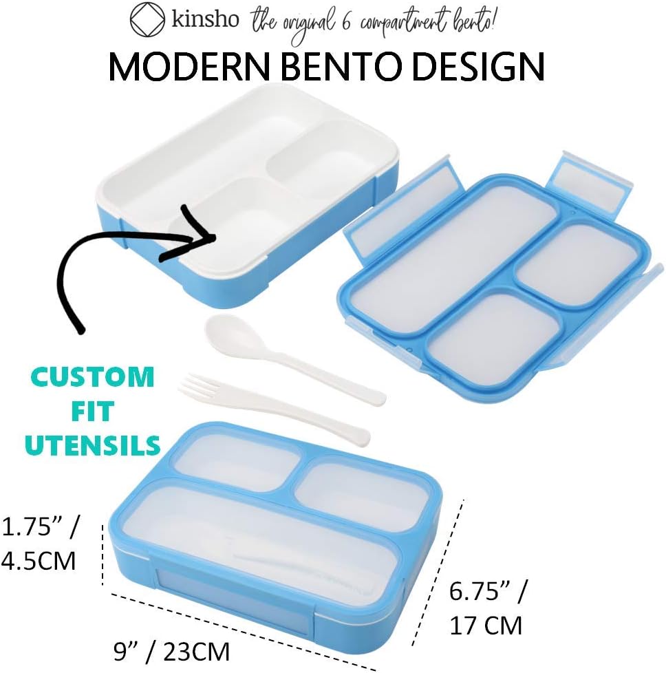 kinsho Bento Lunch Box Kids  Adult: Leakproof Lunch Containers for Boys  Girls with 3 Compartments - School, Daycare, Meal Planning Portion Control Container, BPA-Free Boxes, Utensils, Blue 1 pack