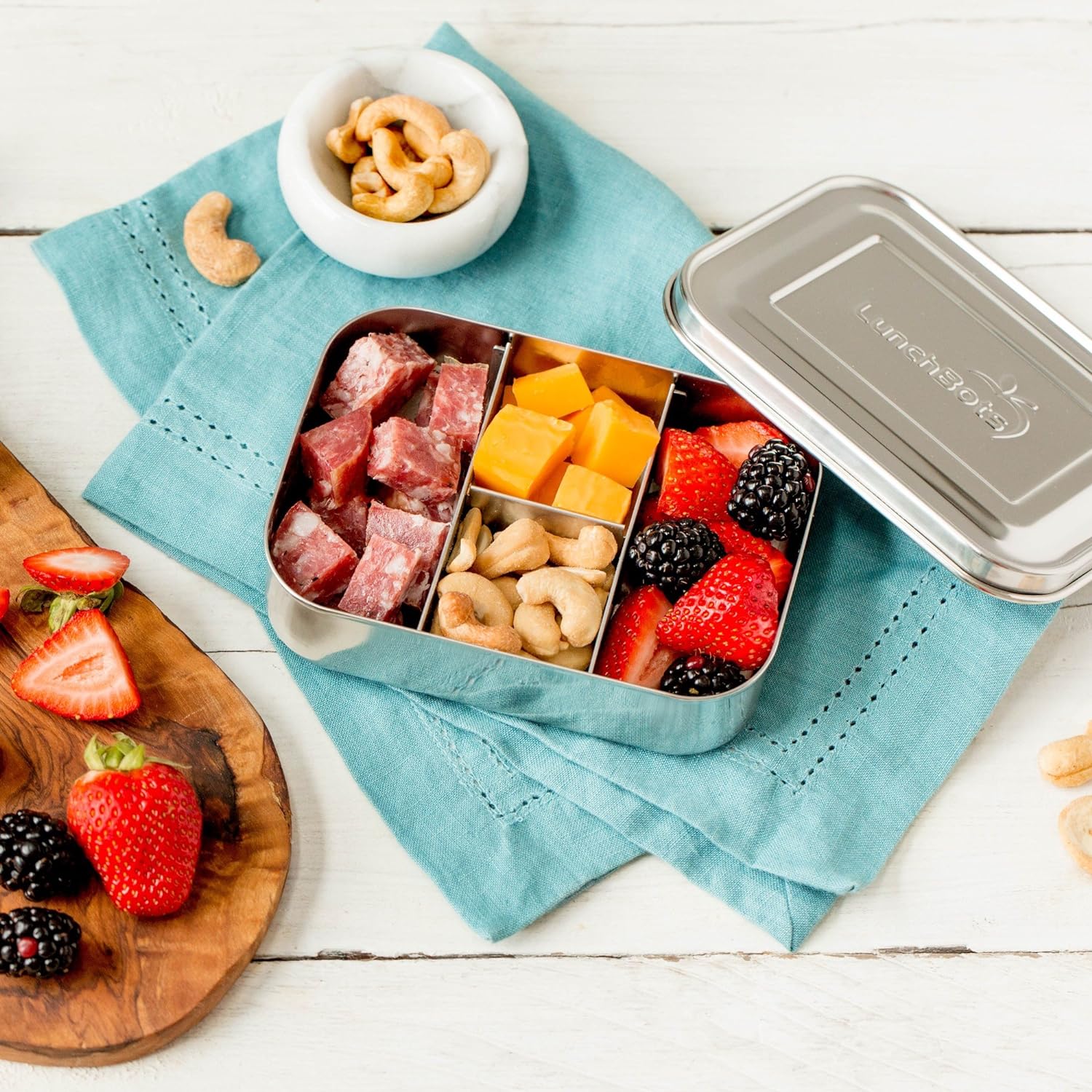 LunchBots Small Protein Packer Bento Box - Extra Small Divided Stainless Steel Snack Container - 4 Sections for 1-2oz of Nuts, Meat, Cheese, Finger Foods - Dishwasher Safe - Stainless Lid