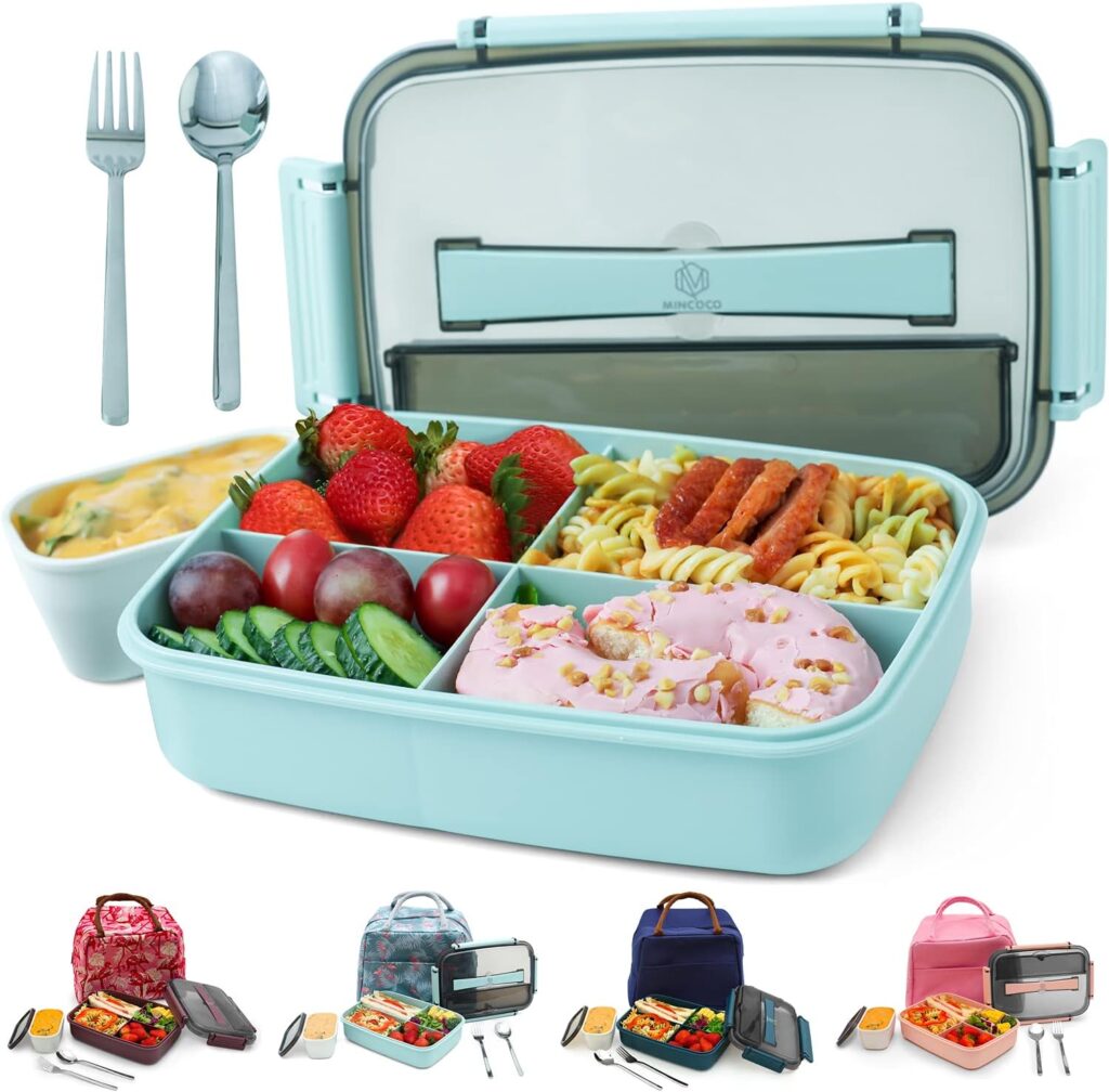 MINCOCO Bento Lunch Box Leak-proof Eco-Friendly Bento Box Food Storage Containers with Sauce Jar and Stainless SpoonFork for Adults Women Men Kids