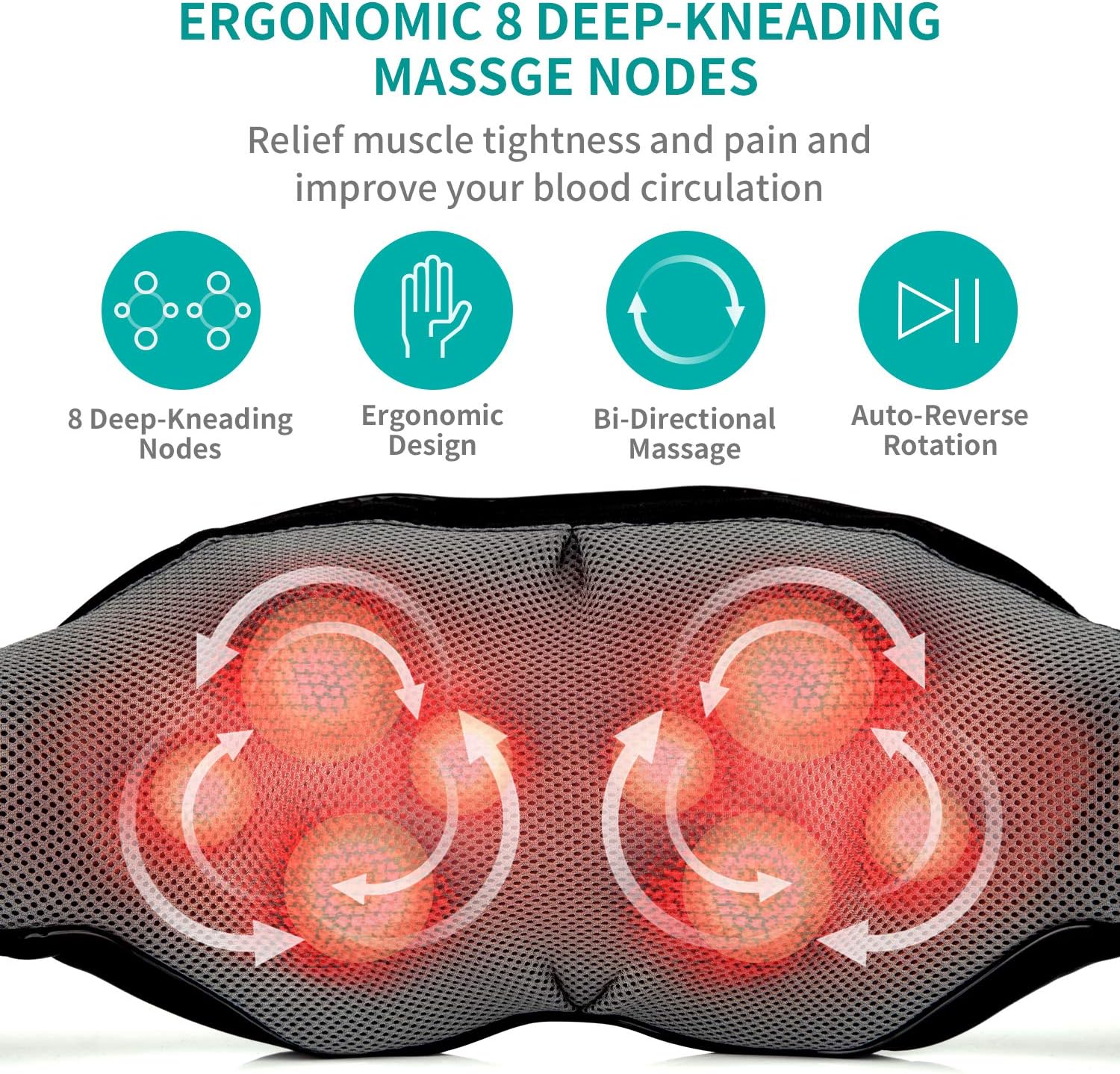 Shiatsu Neck and Back Massager with Soothing Heat, Nekteck Electric Deep Tissue 3D Kneading Massage Pillow for Shoulder, Leg, Body Muscle Pain Relief, Home, Office, and Car Use