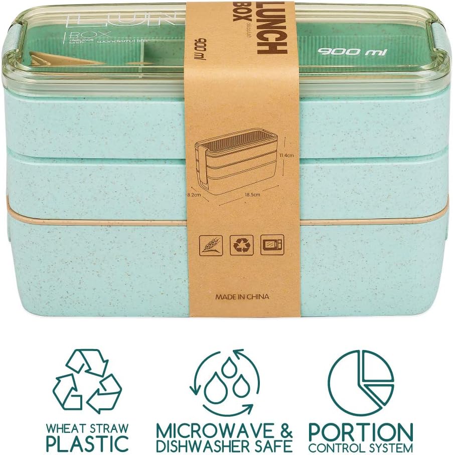 TARLINI | Premium Green Bento Box for Adults - 3-Stackable Containers - Ideal for Work  On-The-Go - Includes Utensil Set - Eco-Friendly Design - Lunch Box Containers for Healthy Meal Prep | 35 oz