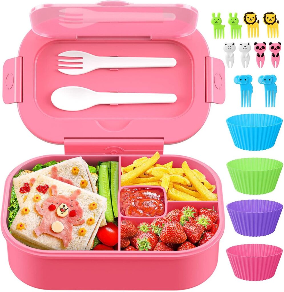 TIME4DEALS Bento Box for Kids 44oz 4 Compartment Lunch Container with Cutlery, Bento Lunch Box Containers for Kid/Adult/Toddler, Leak Proof, Microwave/Dishwasher/Refrigerator Safe, BPA Free (Pink)