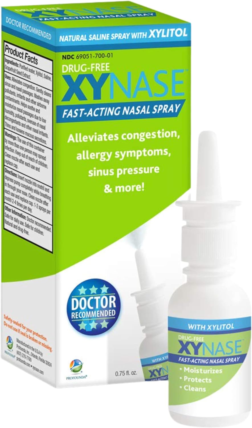 Xynase® Natural Saline Nasal Spray with Xylitol - Relieves Nasal Congestion, Allergy Symptoms, Sinus Pressure (0.75 fl oz) 1 Pack All Natural Safe for Children