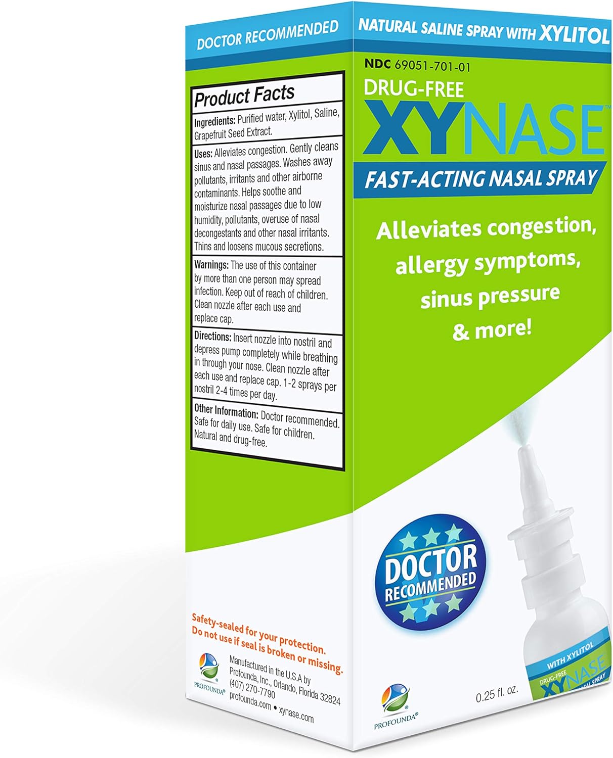 Xynase® Natural Saline Nasal Spray with Xylitol - Relieves Nasal Congestion, Allergy Symptoms, Sinus Pressure (0.75 fl oz) 1 Pack All Natural Safe for Children